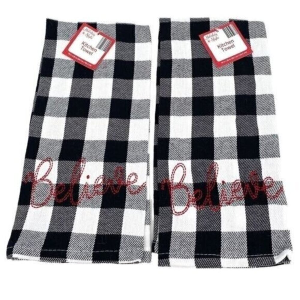 Black and White Buffalo Check Embroidered Holiday Kitchen Towel Set